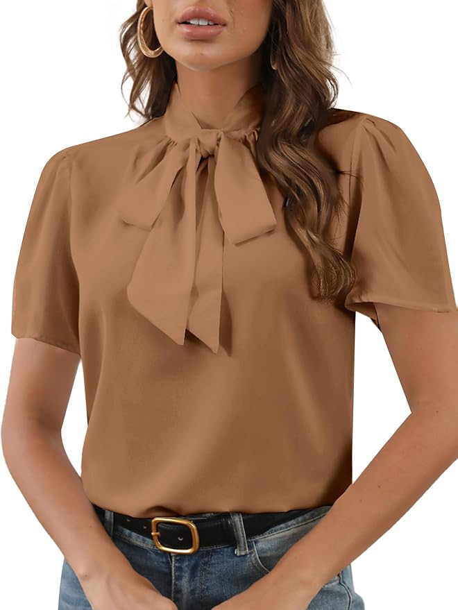 Rooscier Women's Bow Tie Knot Mock Neck Short Sleeve Elegant Workwear Blouse Shirt Top | Amazon (US)