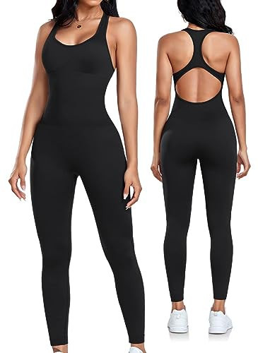 OLCHEE Womens Workout Jumpsuits Seamless Yoga Gym Bodycon Rompers Sexy Racerback Tummy Control Padded Bra Unitard - Black Medium | Amazon (US)