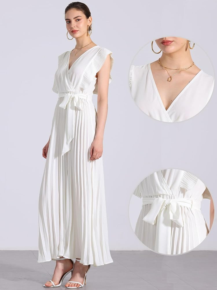 Allegra K Maxi Dresses for Women's Ruffled Sleeve V Neck Wrap Pleated Dress | Amazon (US)