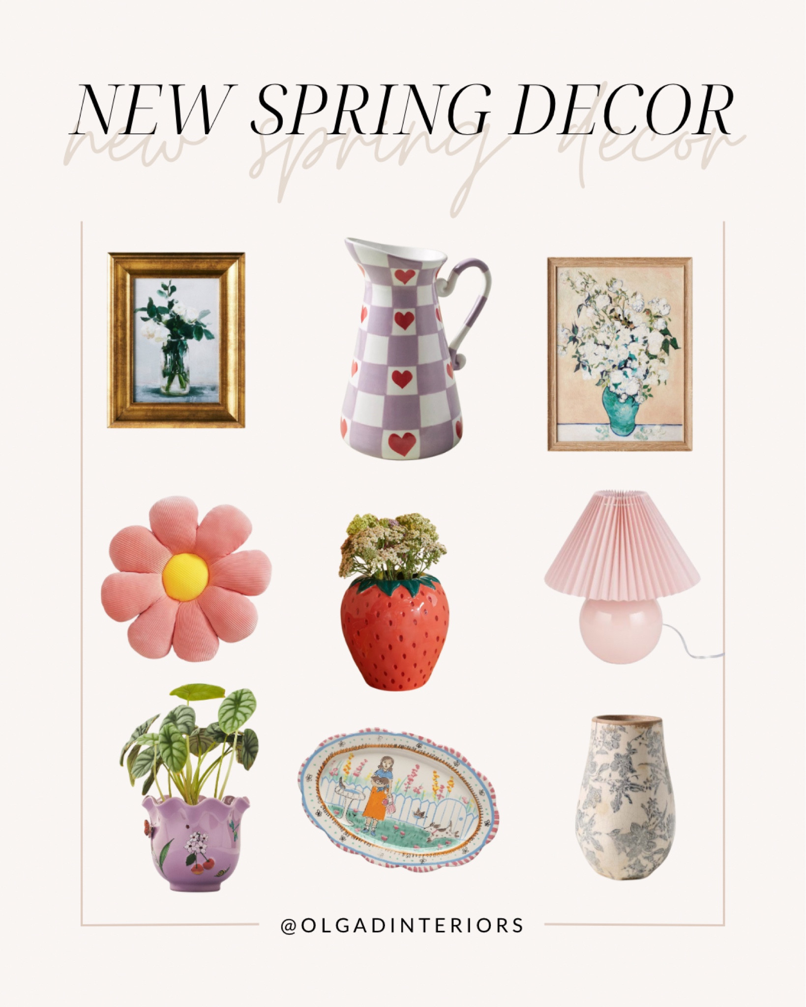 New Spring Decor! A pleated pink table lamp from Target, Spring art from Target, a checkered pitcher and a wavy planter from Anthropologie. A beautiful flower vase from Magnolia, and a cute flower pillow from Amazon and a strawberry vase from Urban Outfitters. 
#springdecor


#LTKstyletip #LTKSeasonal #LTKhome