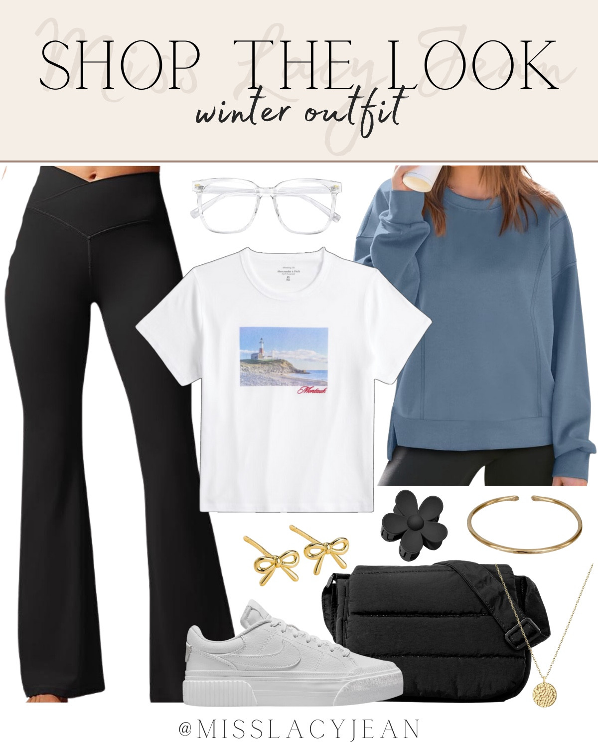 Winter outfit includes sweatshirt, graphic tee, flare leggings, blue light glasses, gold bracelet, quilted crossbody bag, sneakers, bow earrings, flower clip.

Outfit, winter outfit, casual outfit, every day outfit 

#LTKShoeCrush #LTKStyleTip #LTKFindsUnder100