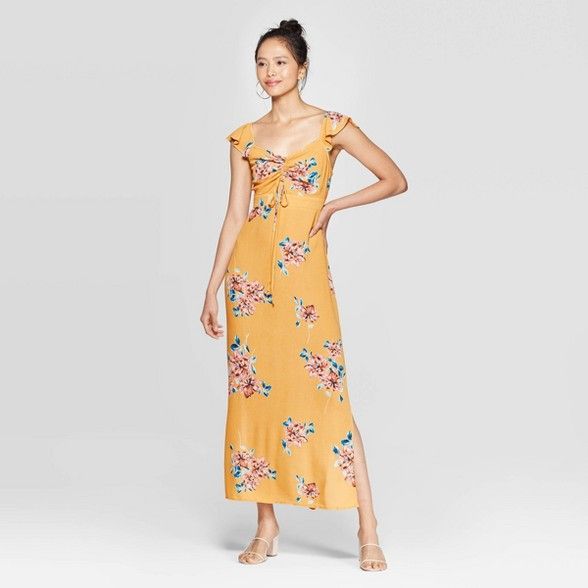 Women's Floral Print Flutter Short Sleeve V-Neck Ruched Front Maxi Dress - Xhilaration™ Mustard | Target