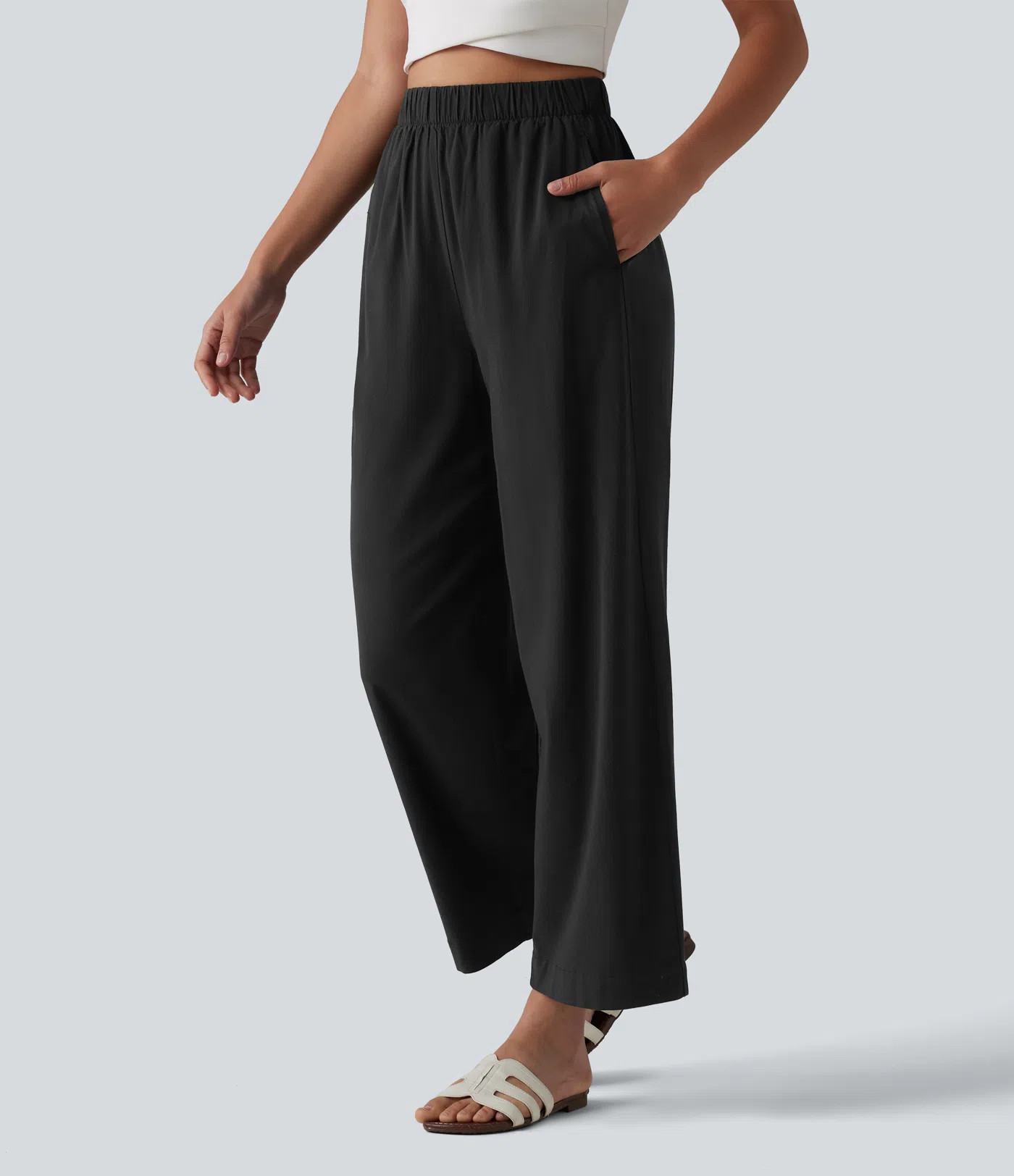 High Waisted Straight Leg 7/8 Casual Stretch Linen Pants with Pockets | HALARA
