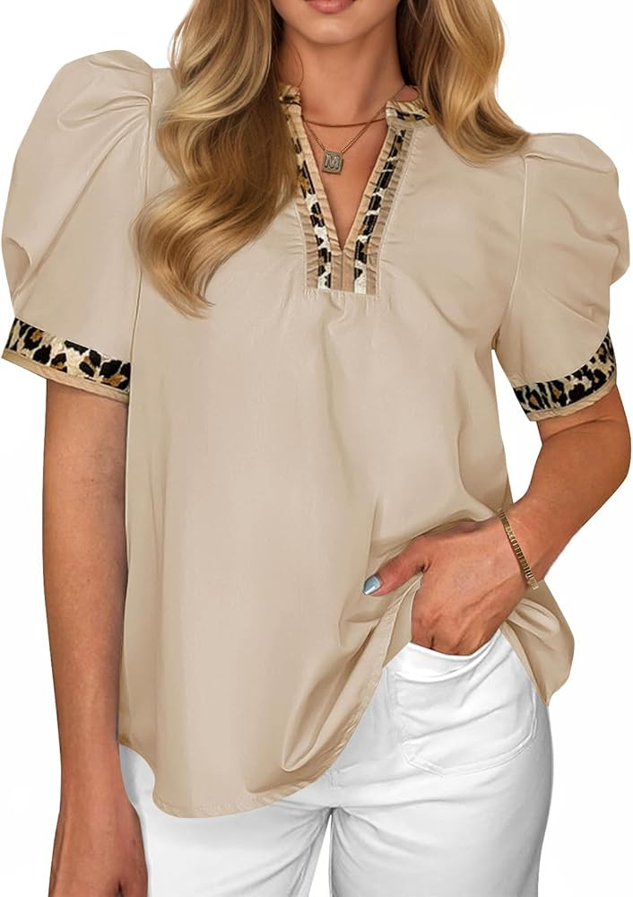 Tankaneo Womens Puff Sleeve Tops Summer Leopard V Neck Color Block Blouse Dressy Casual Loose Fit... | Amazon (US)