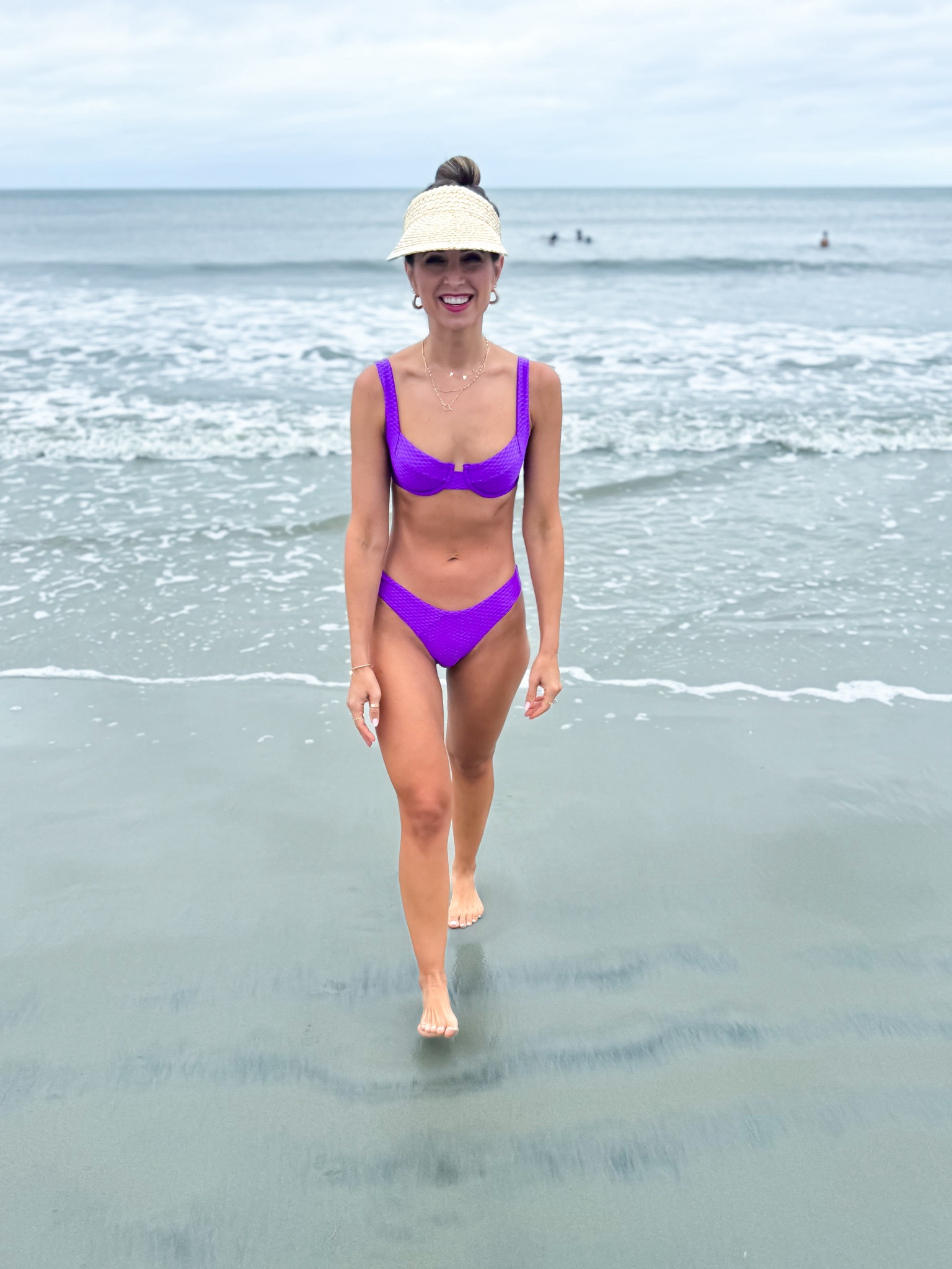 High leg cheeky bikini. Vetchy bikini in XS. Amazon straw visor. Resort wear. Beach vacation. Vacation outfit. Vacation style. Purple bikini. Honeymoon. Bachelorette party. 