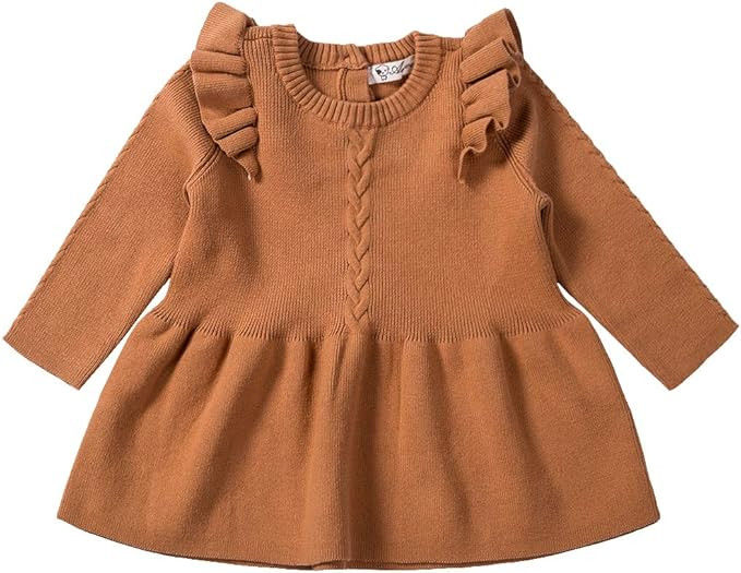 Amazon.com: Toddler Baby Girls Knitted Long Sleeve Ruffles Sweater Dress Outfits Winter Warm Tops... | Amazon (US)