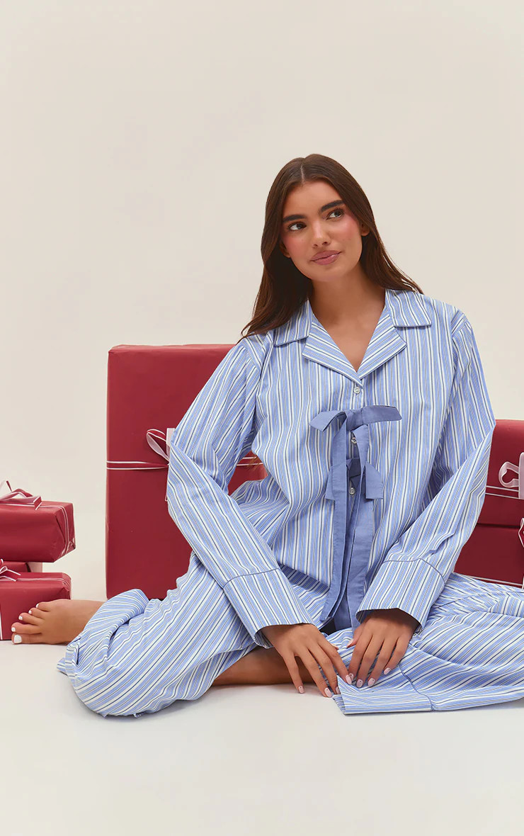 Blue Striped Bow Detail Long Pyjama Set | PrettyLittleThing UK