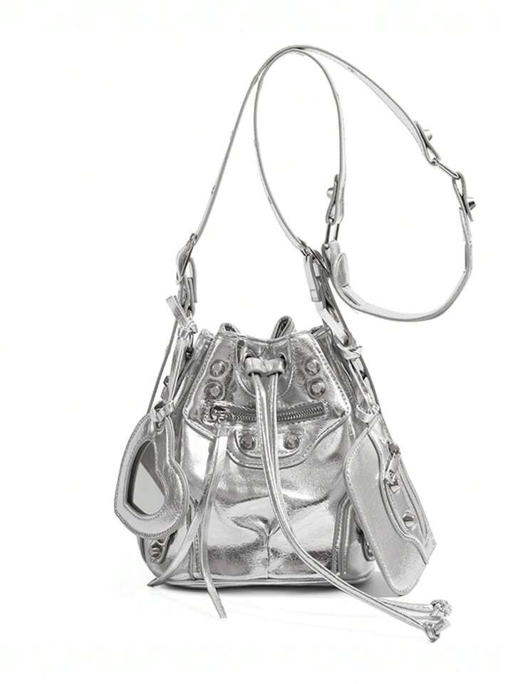 In The Summer Of 2024, The New Drawstring Women's Bag Fashion Bucket Bag Rivet Motorcycle Bag Thr... | SHEIN