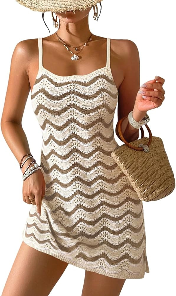 WDIRARA Women's Crochet Cover Up Dress Hollow Out Knit Beach Dress Coverups | Amazon (US)