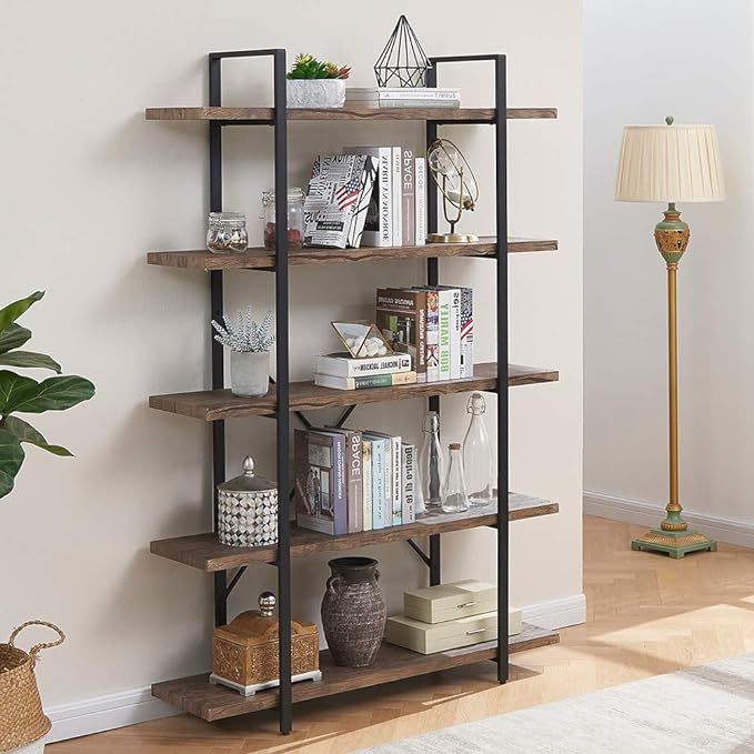 SUPERJARE 5-Shelf Industrial Bookshelf, Open Etagere Bookcase with Metal Frame, Rustic Book Shelf... | Amazon (US)
