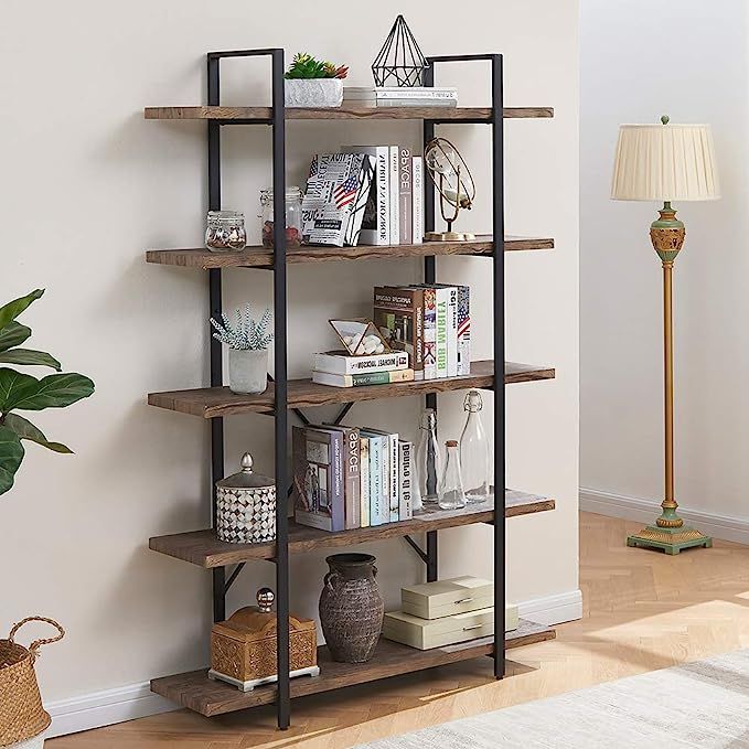 SUPERJARE 5-Shelf Industrial Bookshelf, Open Etagere Bookcase with Metal Frame, Rustic Book Shelf... | Amazon (US)