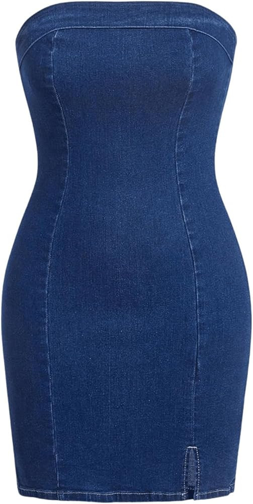 Floerns Women's Bandeau Denim Dress Strapless Split Hem Tube Bodycon Mini Dress | Amazon (US)