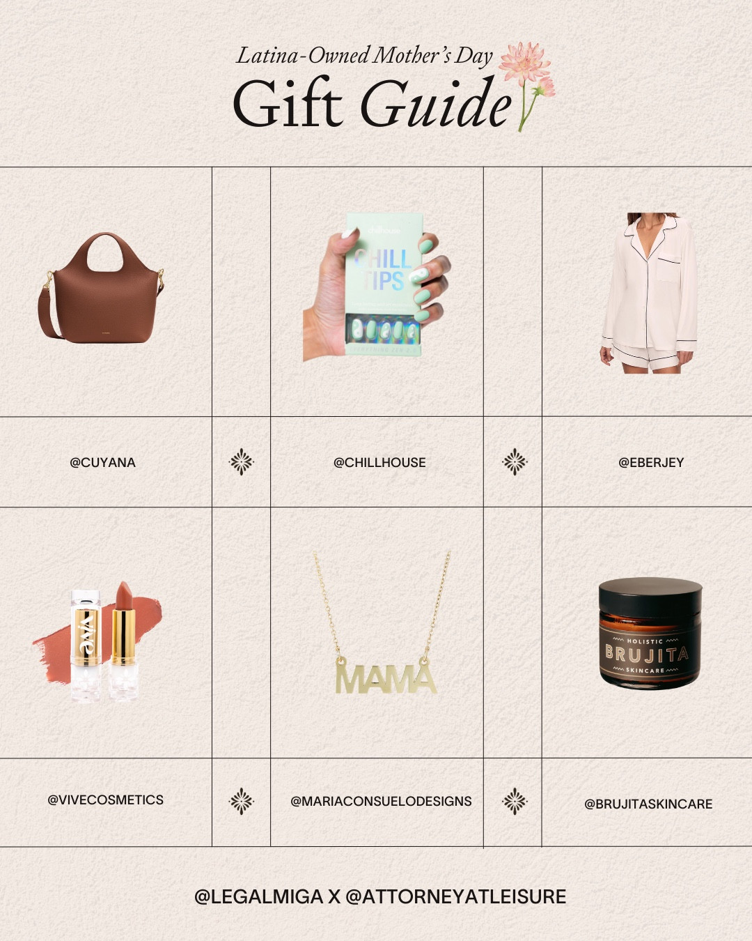 Celebrating my first Mother's Day as a new mamá with this curated gift guide featuring incredible Latina-owned brands! 💖

From @cuyana's buttery-soft totes to @vivecosmetics' vibrant "Mija" lipstick, these are products I personally love and use. The guide includes self-care essentials like @nopalera's botanical lotion bar and @brujitaskincare's facial scrub, gorgeous jewelry from @mariaconsuelo, comfy fashion from @raggedytiff and @eberjey, plus unique finds like @chillhouse press-on nails and @milkbymom freeze-dried breastmilk preservation.

Supporting Latina entrepreneurs while celebrating the special mamás in our lives? That's what I call a gift with corazón y cultura. ✨ 

#LTKGiftGuide #LTKBeauty #LTKHome