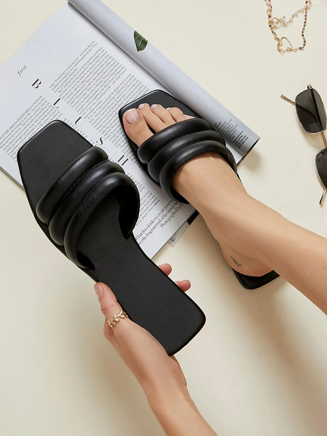 Vegan Leather Padded Slide Sandals | SHEIN