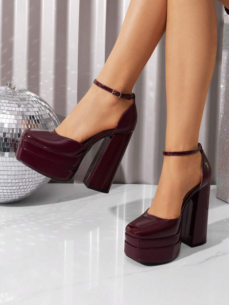Women High Heels Chunky Platform Pumps Square Toe Ankle Strap Halloween Party Prom Red Pumps Shoes For Fall And Winter | SHEIN