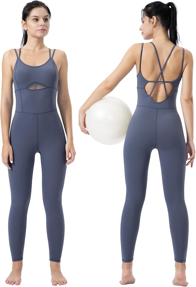 Women’s Bodysuit Sleeveless Bodycon Rompers Backless Cross Jumpsuit Sports Gym Workout Butt Lif... | Amazon (US)