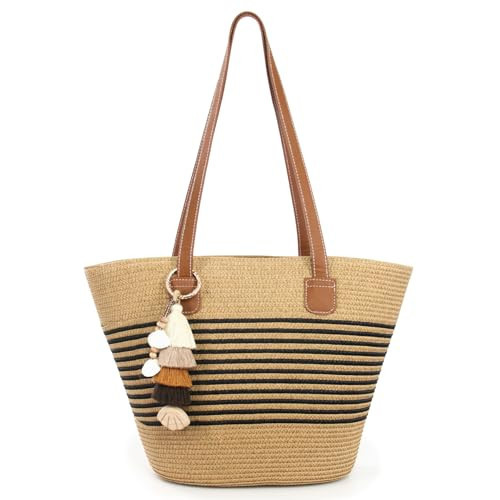 RUNROLE Straw Beach Tote Bag with Tassel Hat Clip for Travel, Handmade Lightweight Raffia Hobo Summer Shoulder Bag for Women | Amazon (US)
