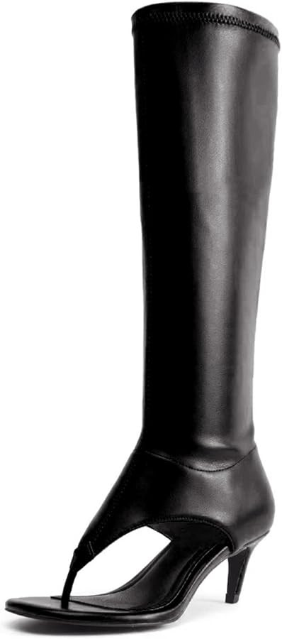 Amazon.com | ZJGZF Black Thong Sandals for Women Kitten Heel Knee High Boots Open Toe Flip Flop H... | Amazon (US)