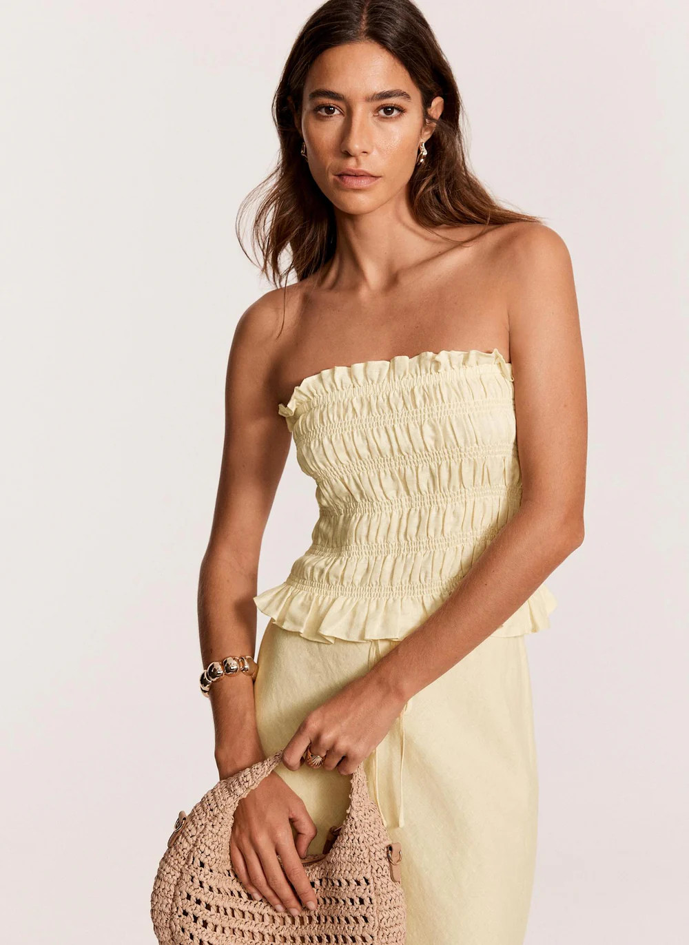 Yellow Linen Shirred Bandeau Top | Mint Velvet