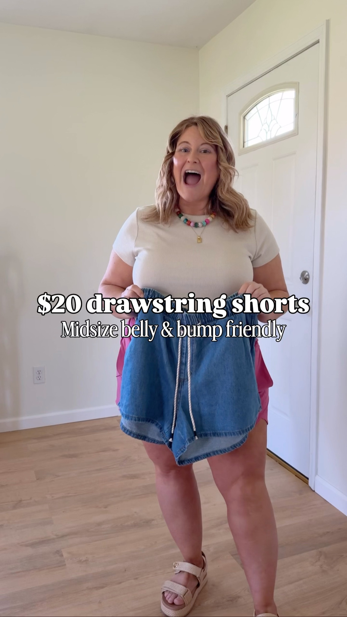 Wearing an XXL in my drawstring denim shorts. I recommend going with your normal size though - I only sized up for the bump.  XL in my tee  

#LTKSaleAlert #LTKMidsize #LTKBump