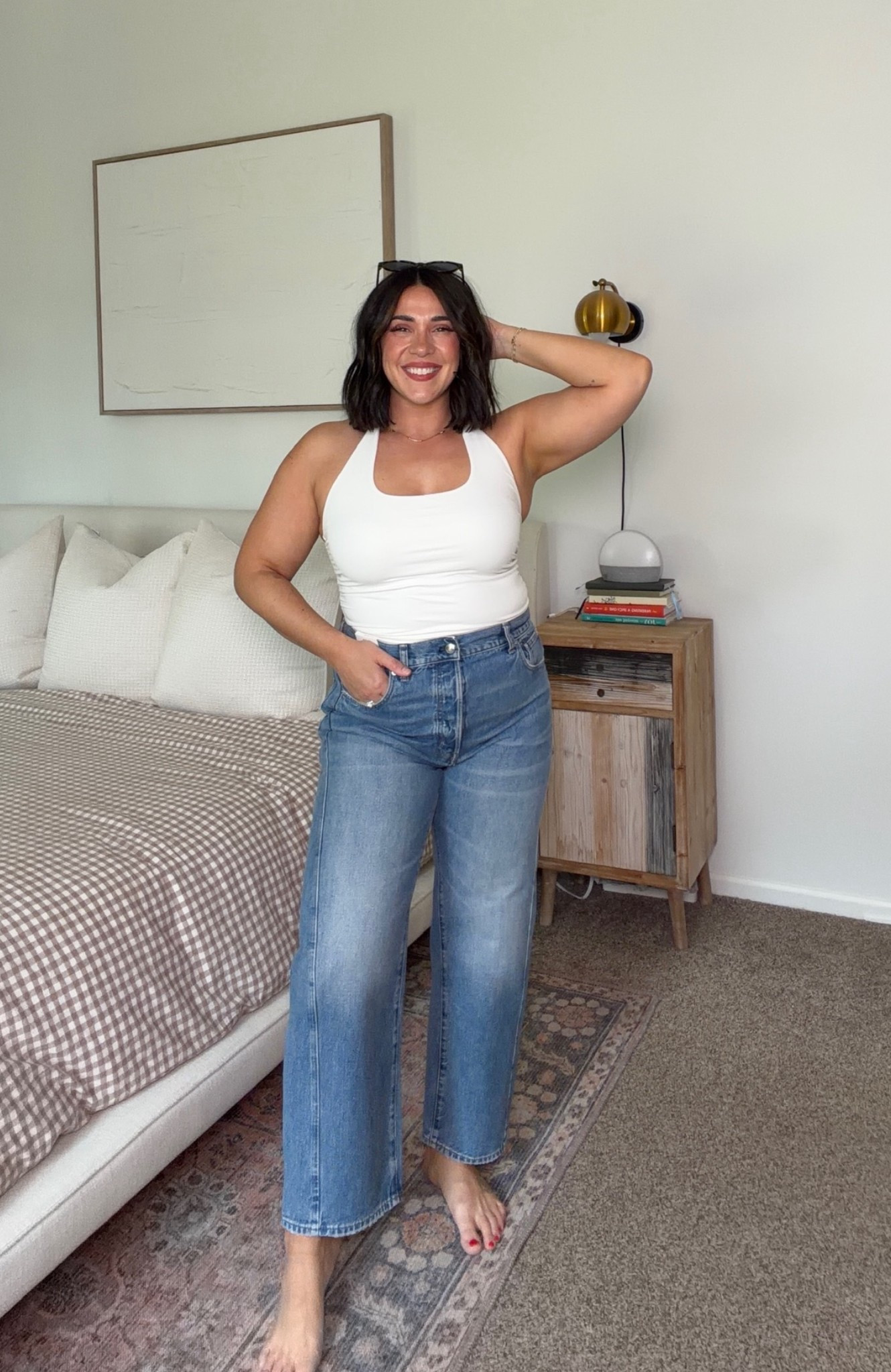 Comfy casual spring date night outfit! Or just everyday look. Obsessed with these halters, so dang flattering. Love the jeans too! 
Size L/30