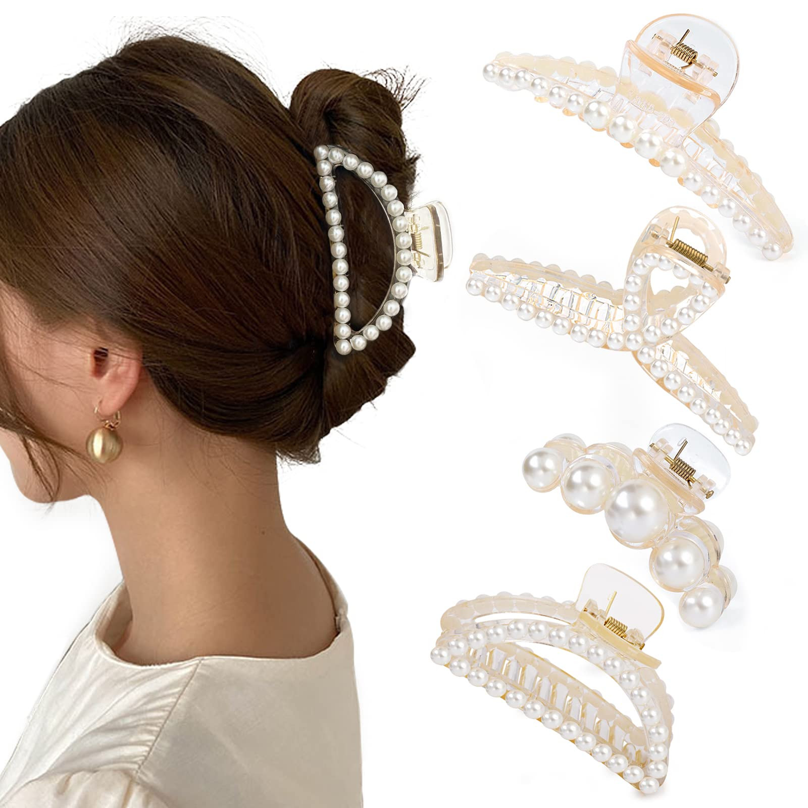 Mehayi 4 PCS Large Pearl Hair Claw Clips for Women Girls, Hair Barrette Clamps for Thick Thin Hai... | Amazon (US)