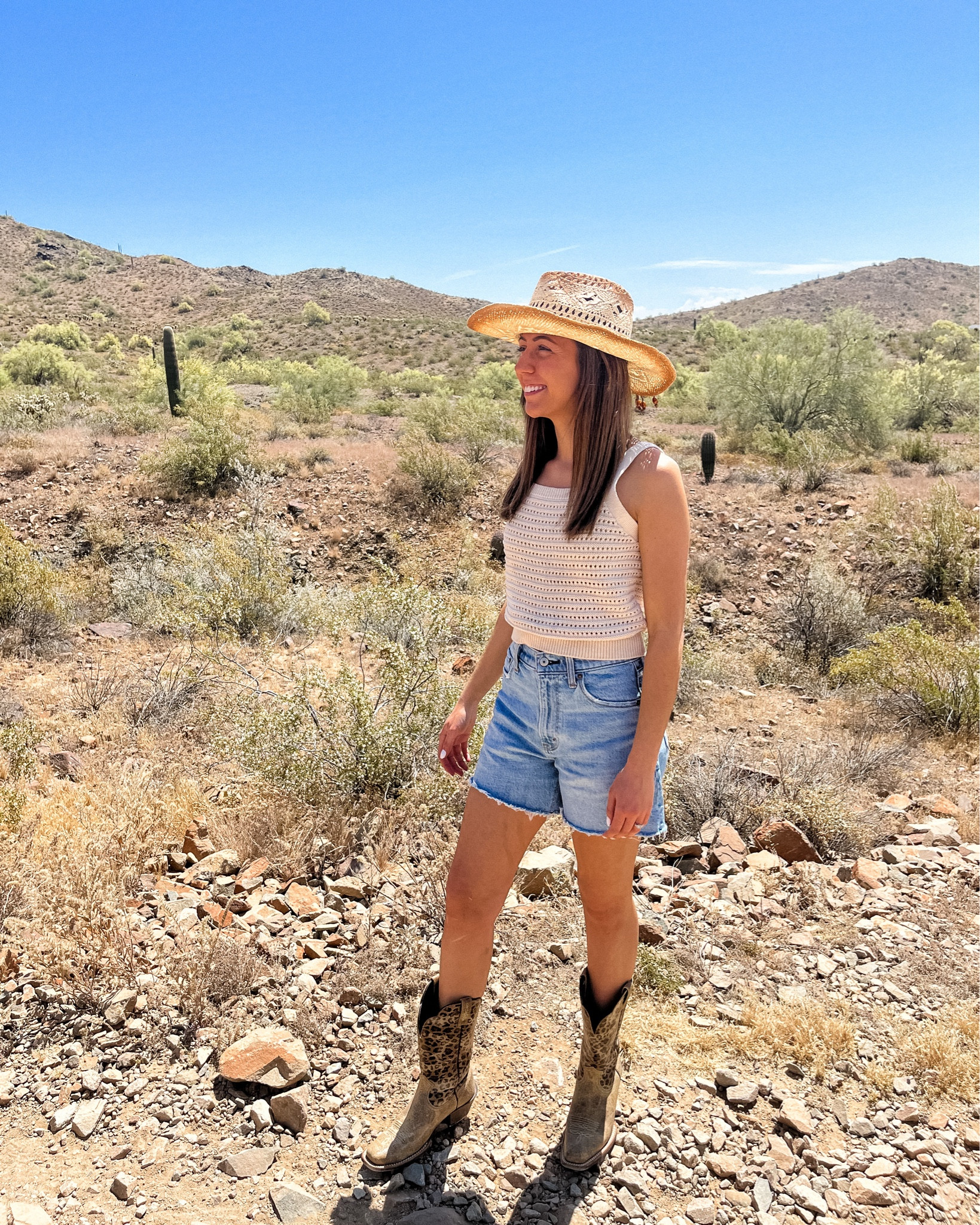 Desert Coastal Cowgirl Outfit; Target Tank Top, Abercrombie Denim Jean Shorts, Ariat Cowboy Cowgirl Boots, Amazon Cowboy Cowgirl Hat

#LTKstyletip