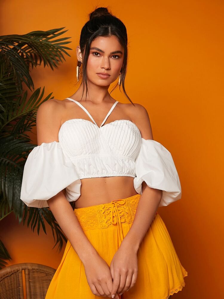 SHEIN Lace Up Backless Fold Pleated Crop Top | SHEIN