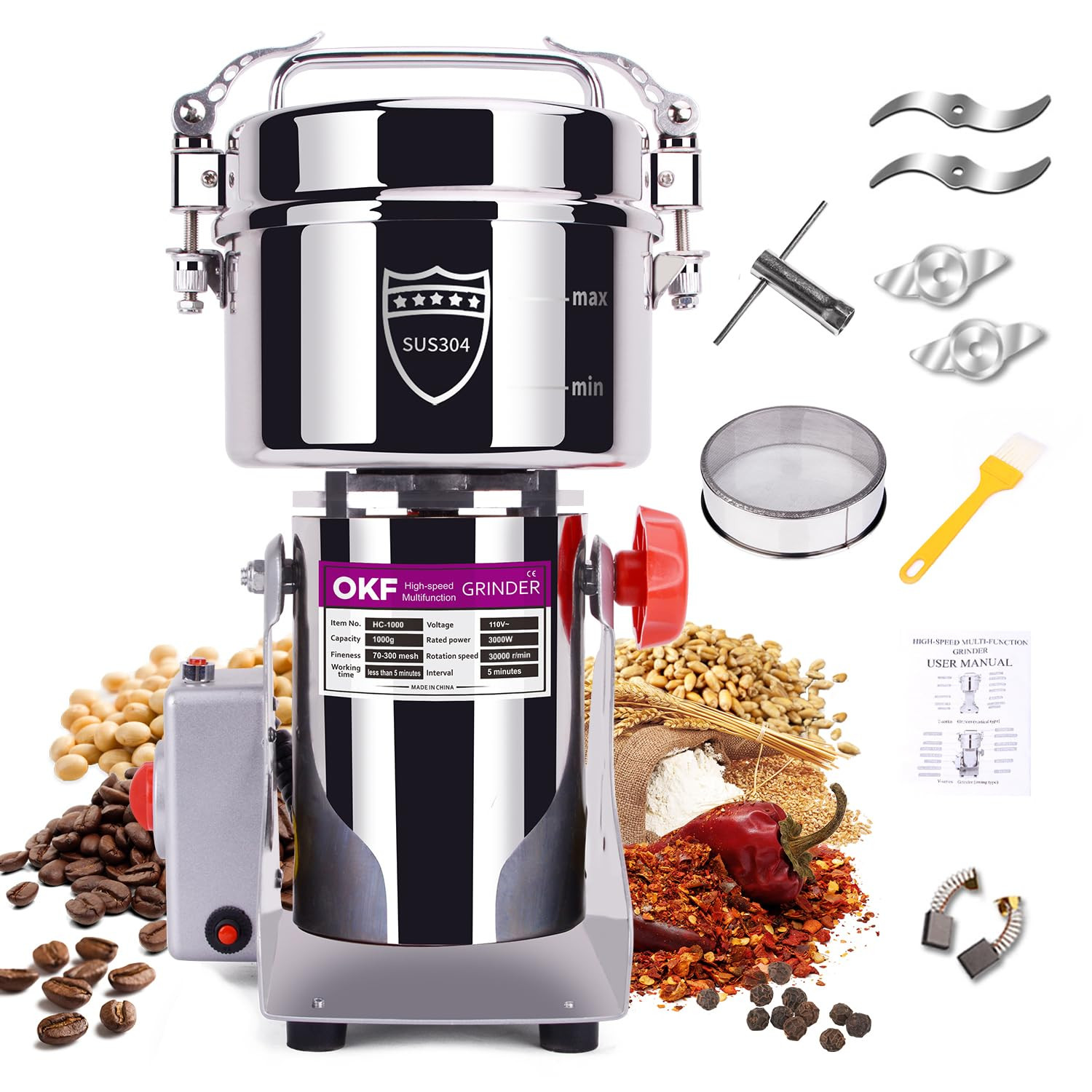 1000g Grain Mill, 304 Stainless Steel Spice Grinder, 3000W High-speed Commercial Flour Mill, Supe... | Amazon (US)