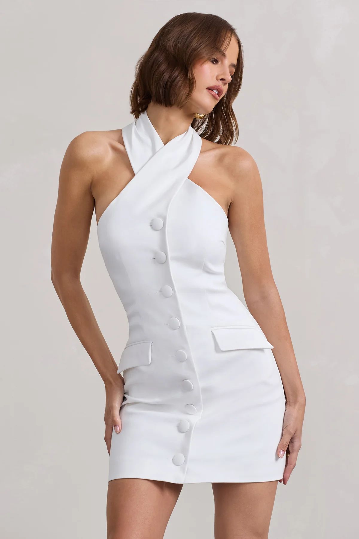 Dani | White Halter Neck Tailored Buttoned Bodycon Mini Dress | Club L London