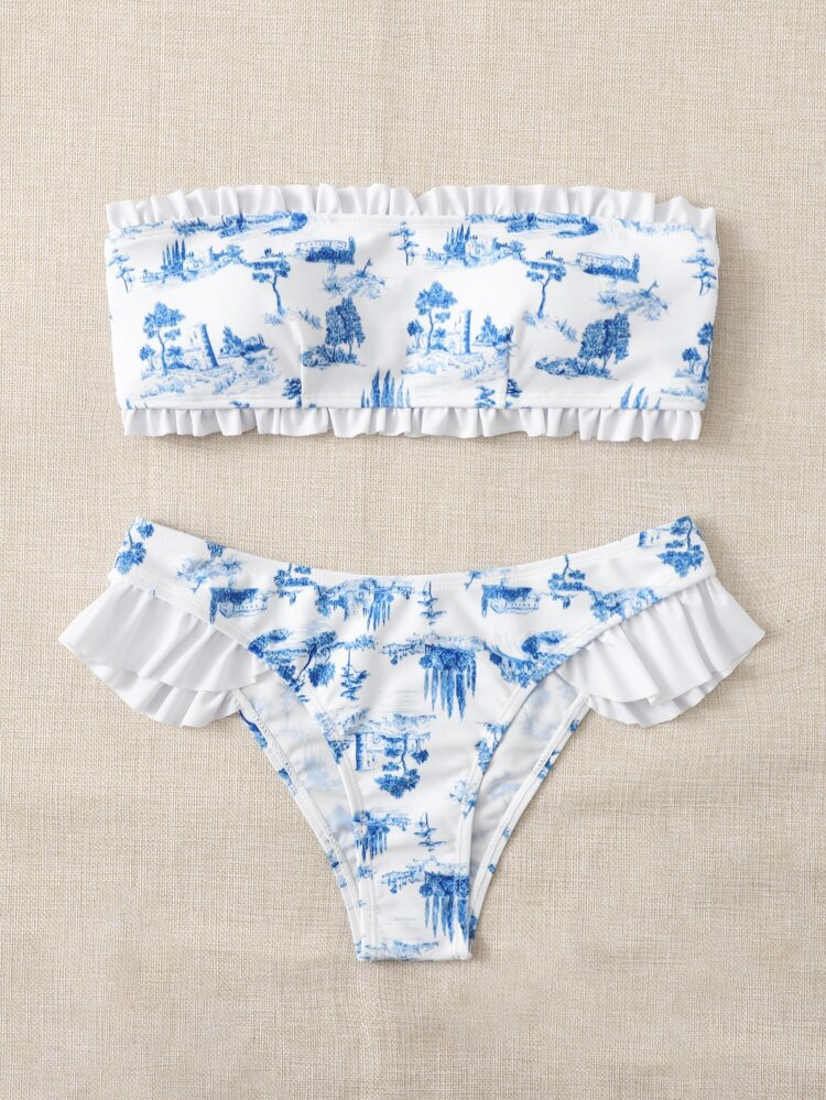 Random Print Frill Trim Bandeau Bikini Swimsuit | SHEIN
