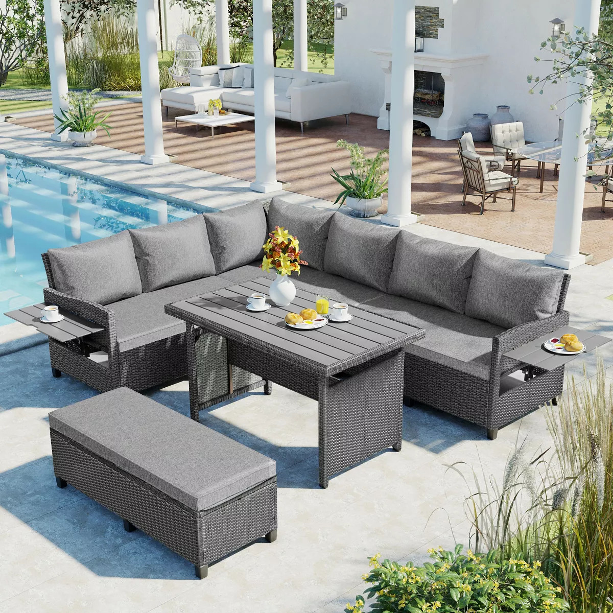 5-Piece PE Wicker L-Shaped Brown Patio Conversation Sets With 2 Extendable Side Tables,Dining Tab... | Target