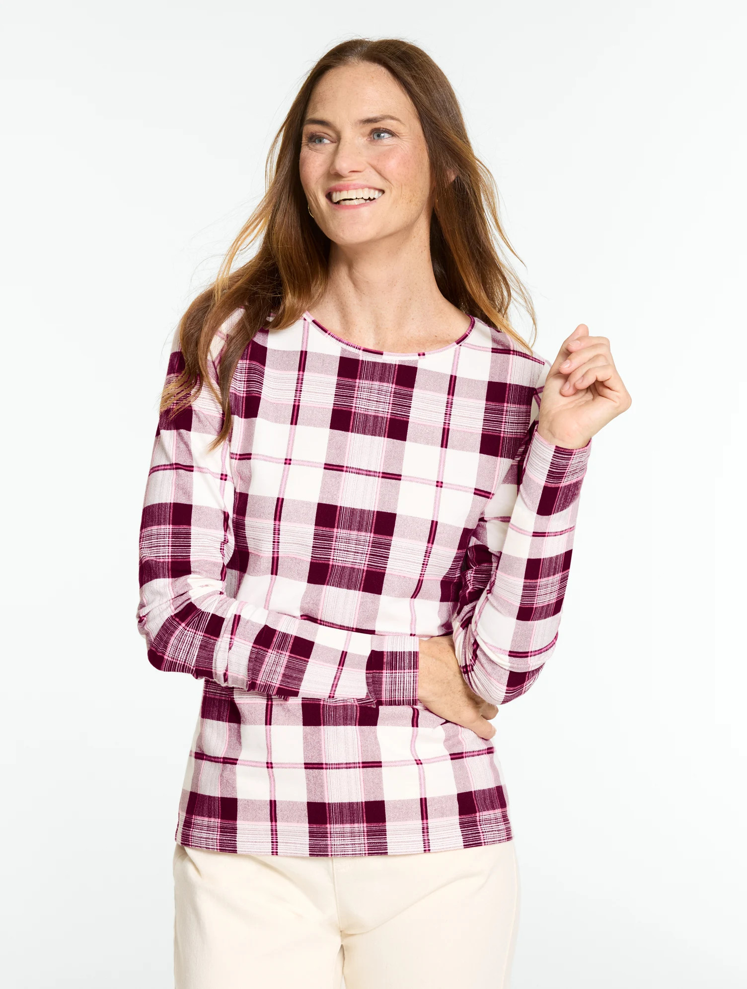 Petite - Long Sleeve Crewneck T-Shirt - Autumn Plaid - Rich Burgundy - Small Talbots | Talbots