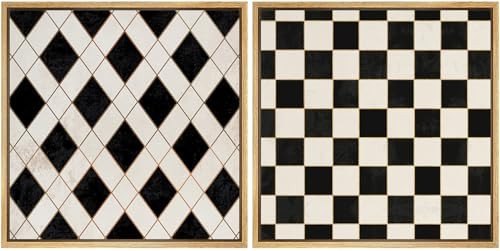 SIGNFORD Framed Canvas Print Wall Art Set Black and White Geometric Diamond and Checkered Pattern Illustrations Modern Art Minimal Relax/Calm for Living Room, Bedroom, Office - 24"x24"x2 Natural | Amazon (US)