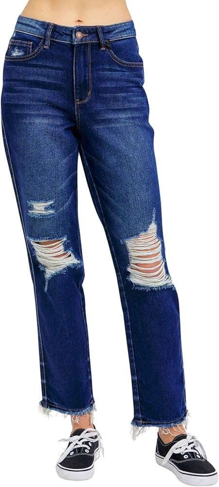Judy Blue Women's High Waist Rigid Magic Heavy Destroy Straight Jeans | Amazon (US)