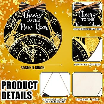 Happy New Year Decorations 2026 Cheers to the New Year Front Door Sign Black and Gold Wreaths Woo... | Amazon (US)
