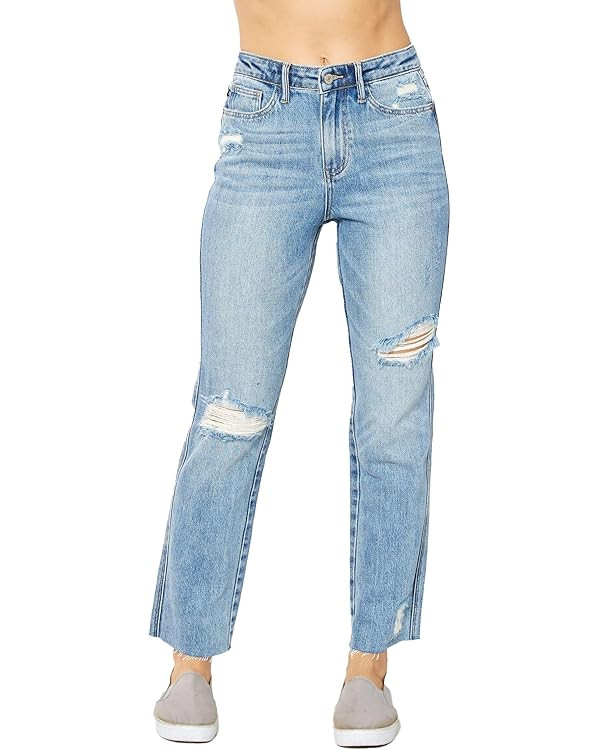 Judy Blue High Rise Rigid Magic Destroyed Straight Jeans | Amazon (US)