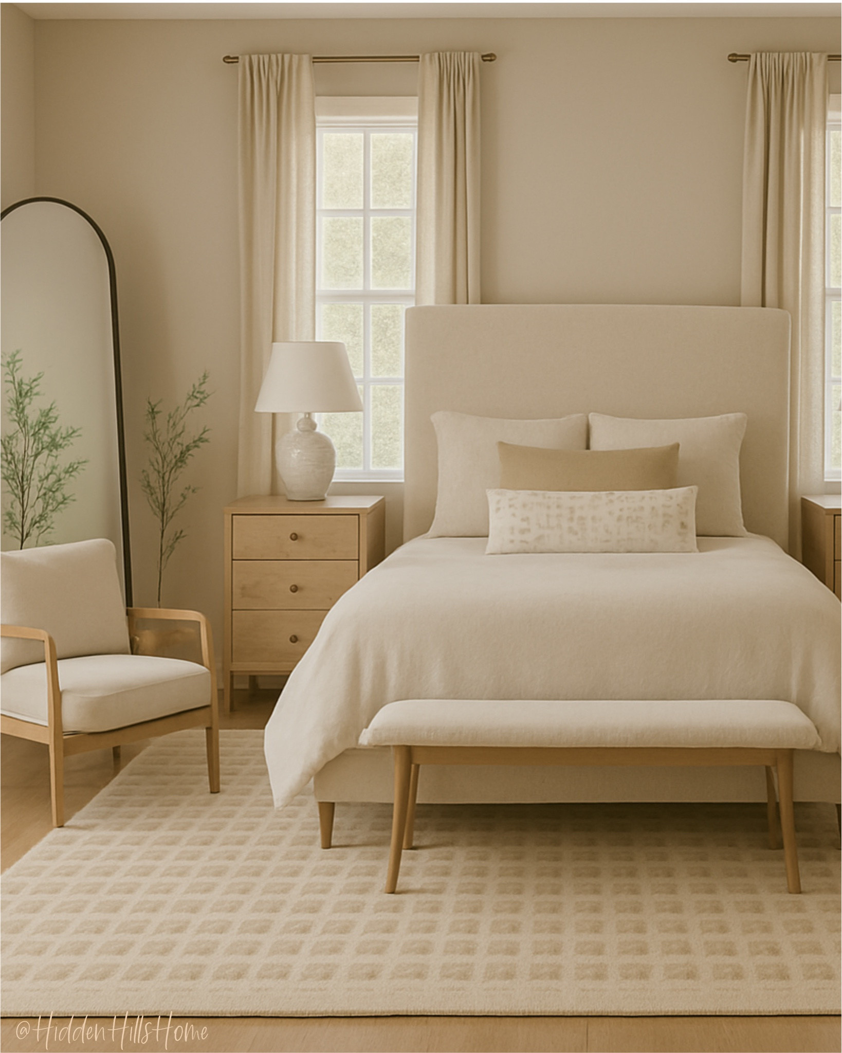 Cozy neutral bedroom! Bedroom rug, Nightstands, home decor, Swipe to see the mood board! This rendering is so beautiful! It’s the perfect cozy bedroom for a master suite or guest room! #bedroom

#LTKHome #LTKSaleAlert #LTKSeasonal