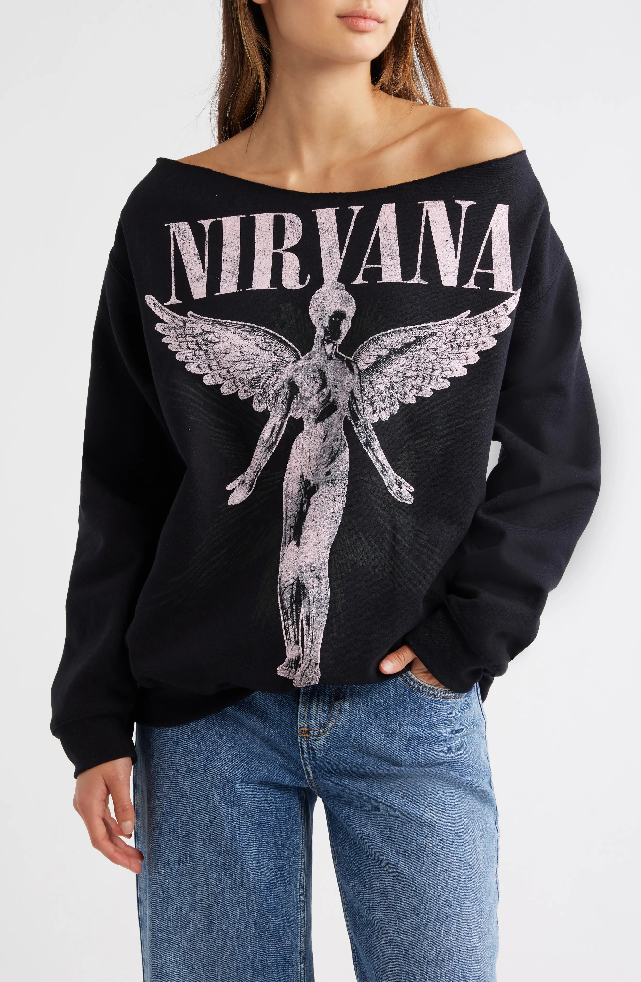 Merch Traffic Nirvana Graphic Off the Shoulder Sweatshirt (Women) | Nordstrom | Nordstrom