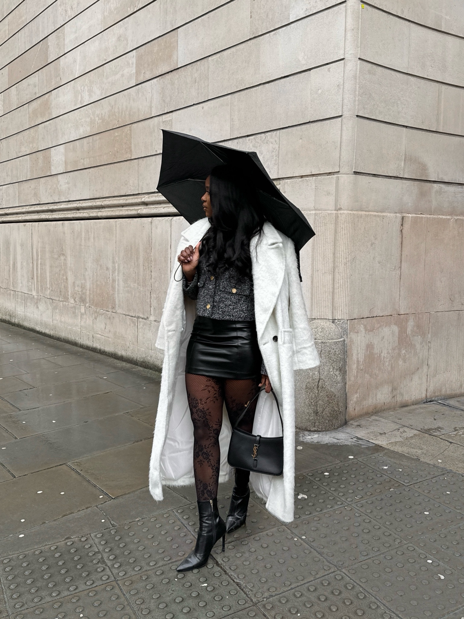 AD. Rainy day outfit, Mini skirt with boucle jacket, oversized white jacket, lace tights, ankle boots 

#LTKeurope #LTKstyletip #LTKSeasonal