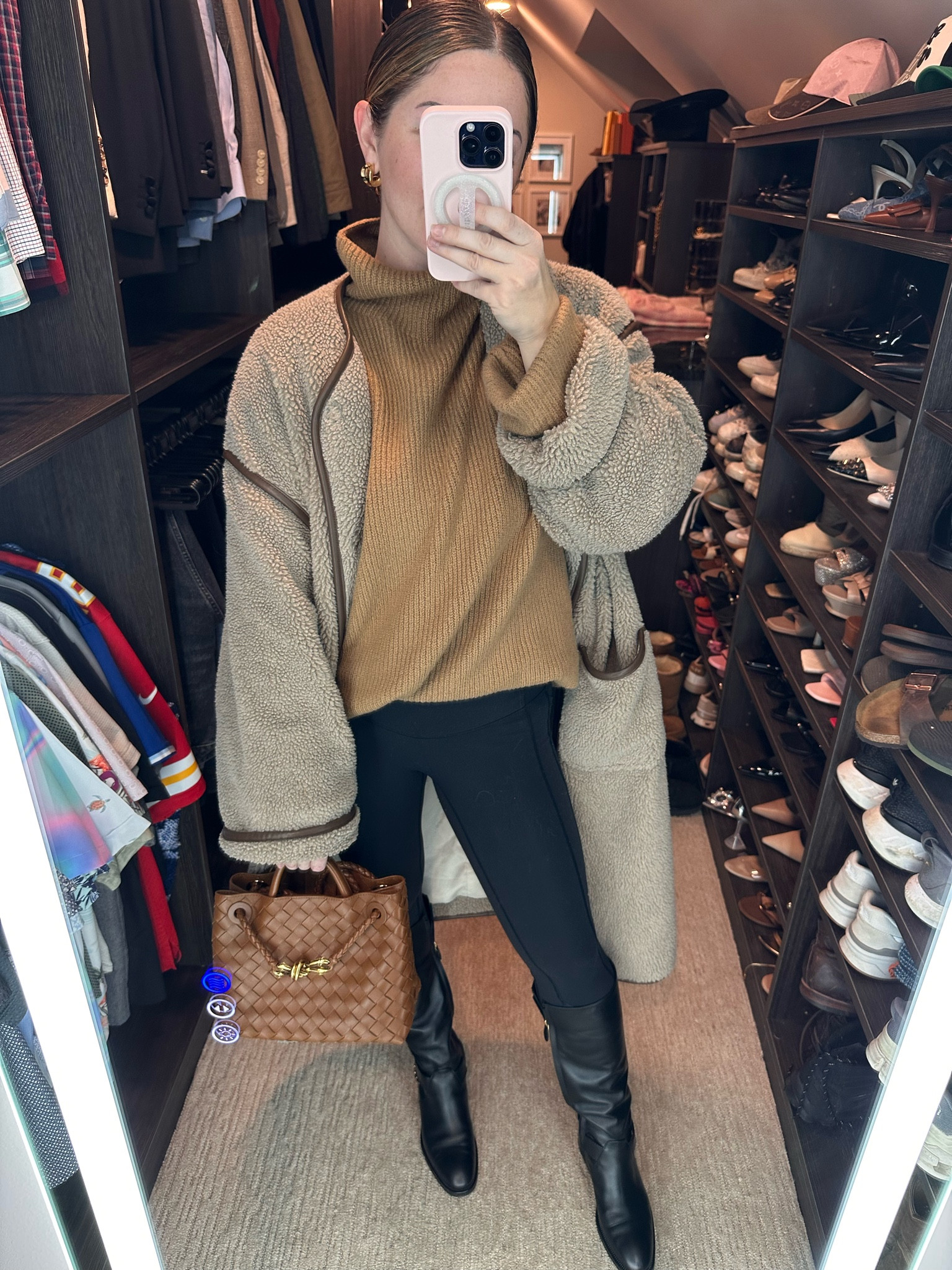 My goal was to dress as an espresso martini 🤪 my boots are Chanel but I’ve linked similar! This jacket/sherpa/coat is one of my favorite things in my closet, it does run big!