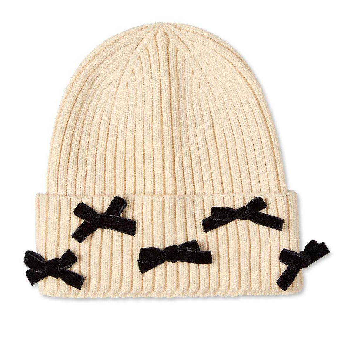 Memoi Girls Ribbed "All-Over Bows" Rayon-Blend Cuffed Beanie Ivory-Black S | Target