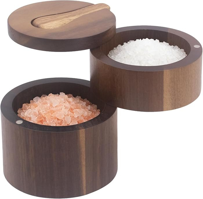 Wood Salt Cellar with Lid and Spoon, 2 Layers Wooden Spice Box, Magnetic Swivel Lid Salt Containe... | Amazon (US)