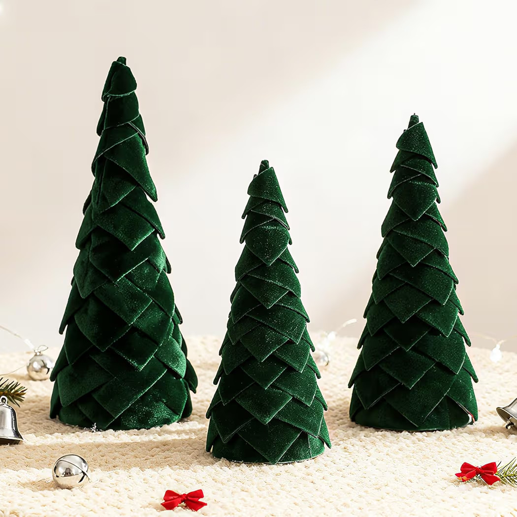 Pinkunn 3 Pcs Christmas Velvet Trees Set 3 Sizes Modern Christmas Decor Rustic Tabletop Centerpieces Cone Trees Winter Decoration, Minimalist Decor for Entryway Mantel Farmhouse Home Decoration | Amazon (US)