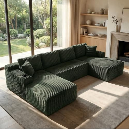 125 Inch Modular Sectional Sofa, Cloud Couch Oversized U Shaped Corduroy Sofa with Storage & Cupholders, Modern Deep Seat Boneless Couches for Living Room, No Assembly Required, Green | Amazon (US)