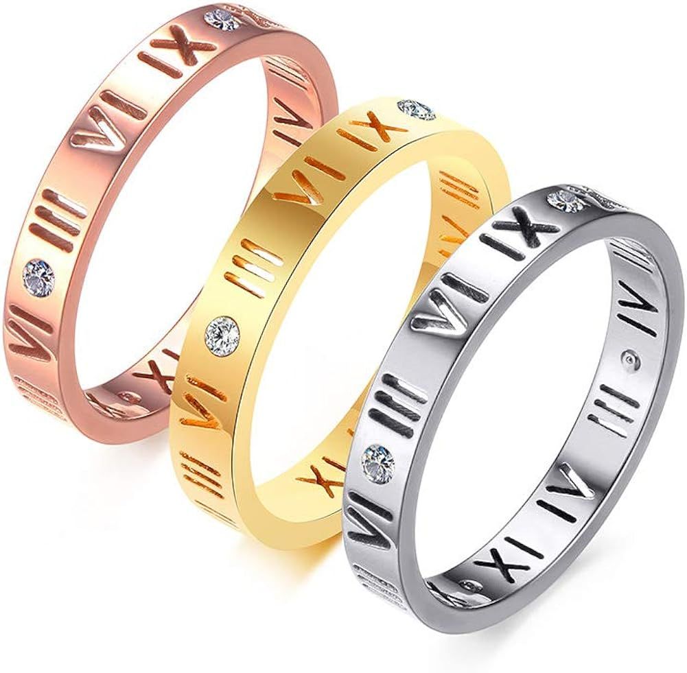 Vnox Stainless Steel CZ Roman Numeral Ring for Women Girls,Rose Gold Plated/Silver | Amazon (US)
