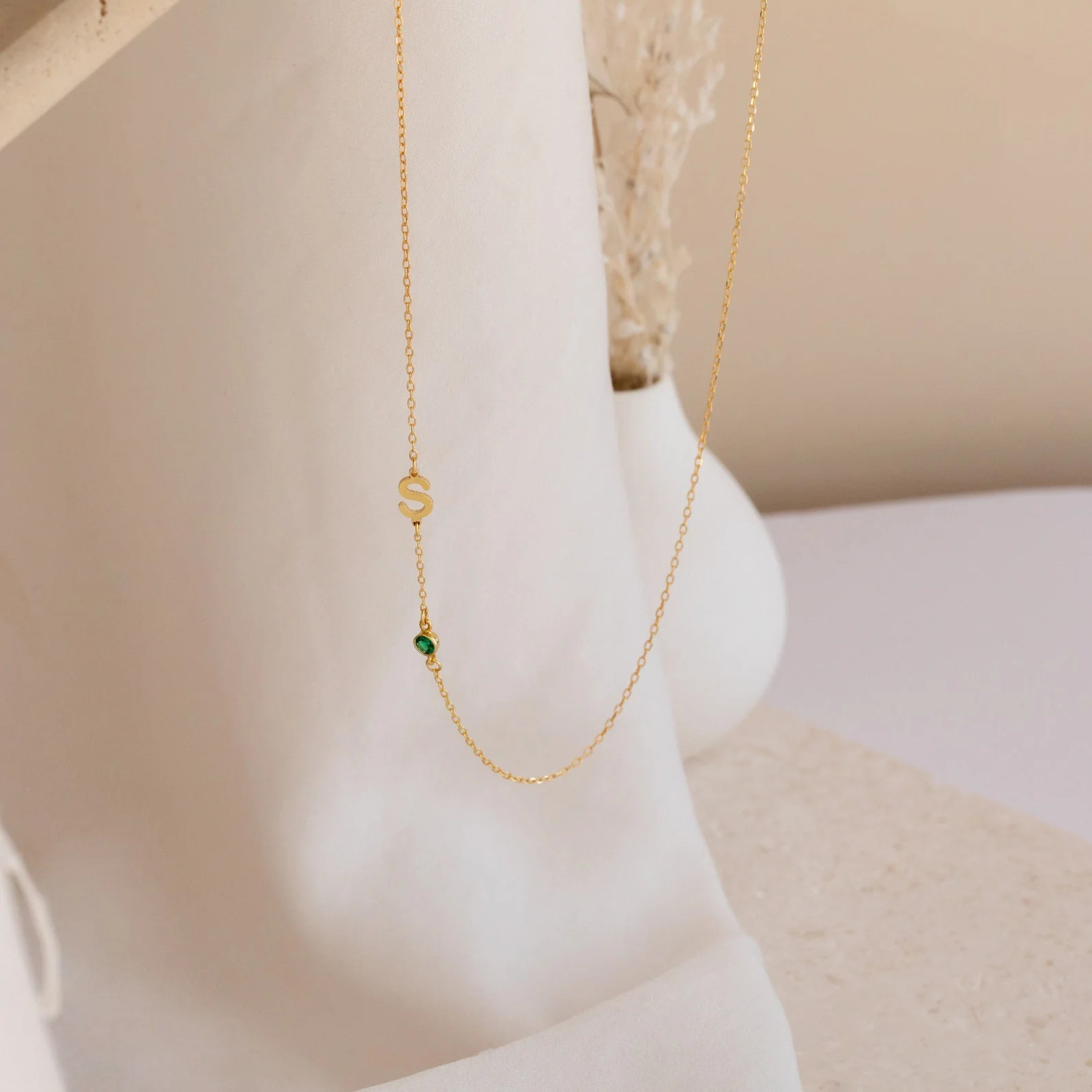 Sideways Initial Birthstone Necklace | Caitlyn Minimalist