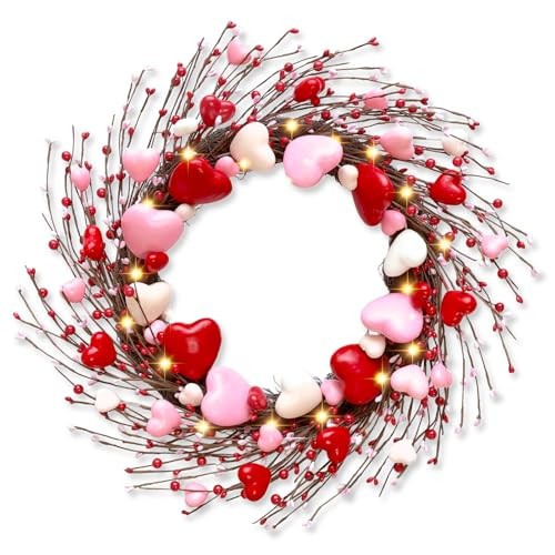 Valentines Decorations - 20 Inch Valentines Day Wreath, Red Pink & White Heart Wreath with Lights Artificial Red Berry Wreaths for Front Door Windows Wall Home Party Office Outdoor Indoor Decor | Amazon (US)