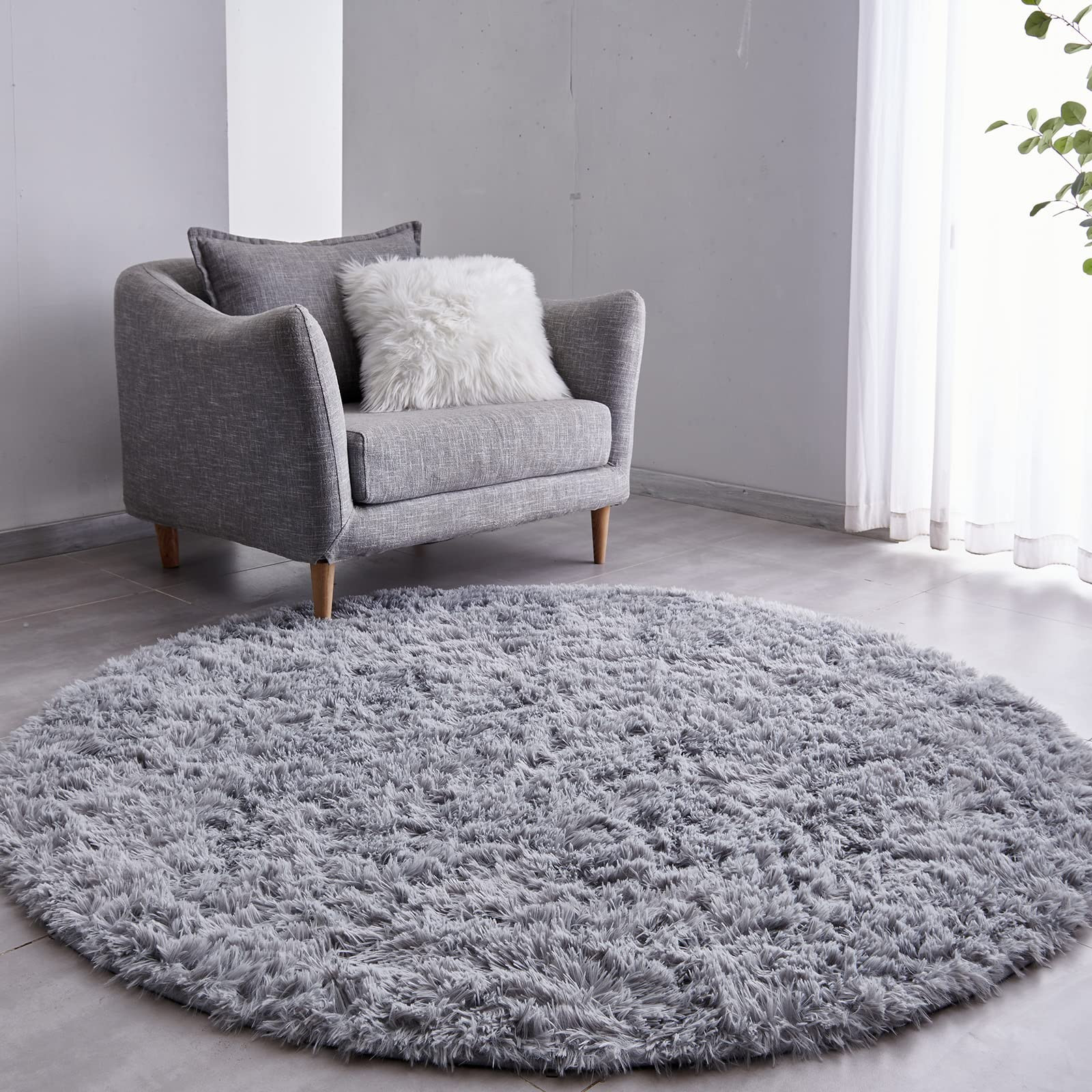 FJZFING Grey Round Rug Ultra-Soft Plush Modern 5x5 Circle Area Rug for Kid's Bedroom, Fluffy Shag... | Amazon (US)