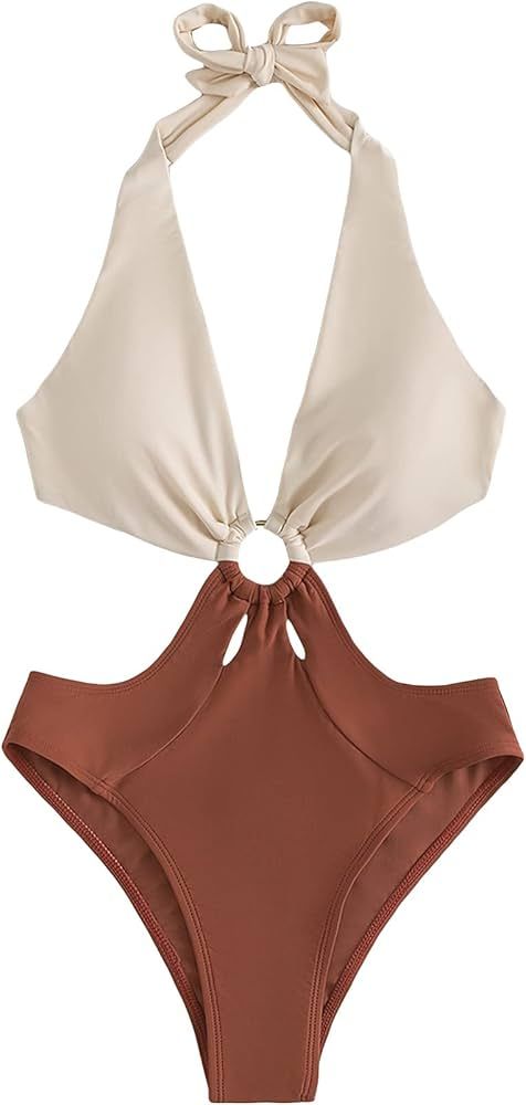 MakeMeChic Women's Color Block Cut Out Halter One Piece Swimsuit Ring Linked Monokini Bathing Sui... | Amazon (US)
